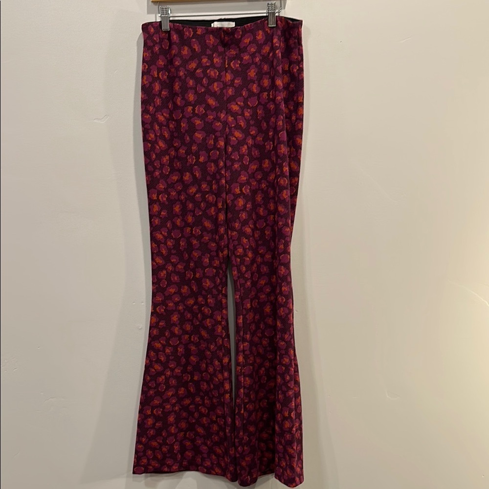 Anthropologie Burgundy Orange Magenta Leopard Flare Pants. Size M.